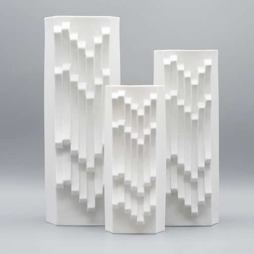 ARCHAIS Heinrich FUCHS Op Art Retro HUTSCHENREUTHER Bisque Vase en Porcelaine Duo