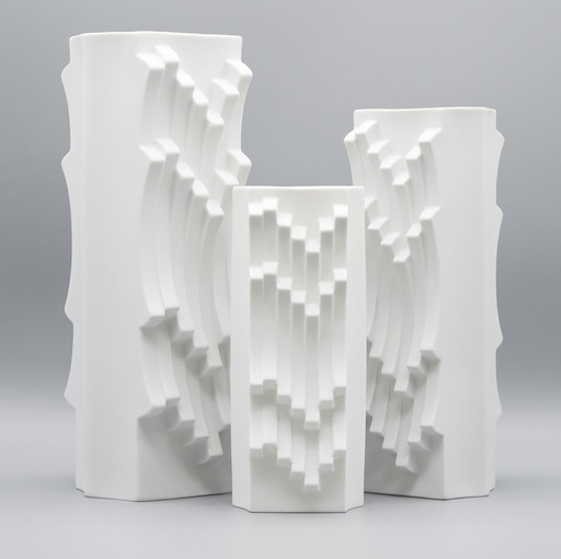 ARCHAIS Heinrich FUCHS Op Art Retro HUTSCHENREUTHER Bisque Porcelain Vase Duo 