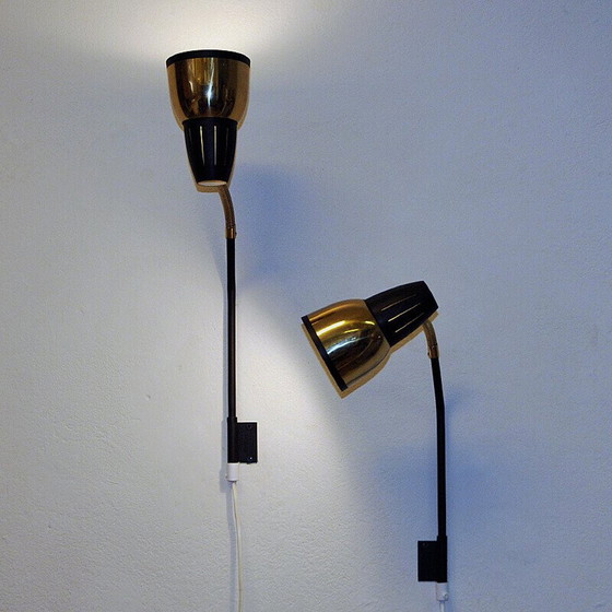 Image 1 of Pair of vintage brass and black metal wall lamp for Ra-Gla Belysning, Norway 1960