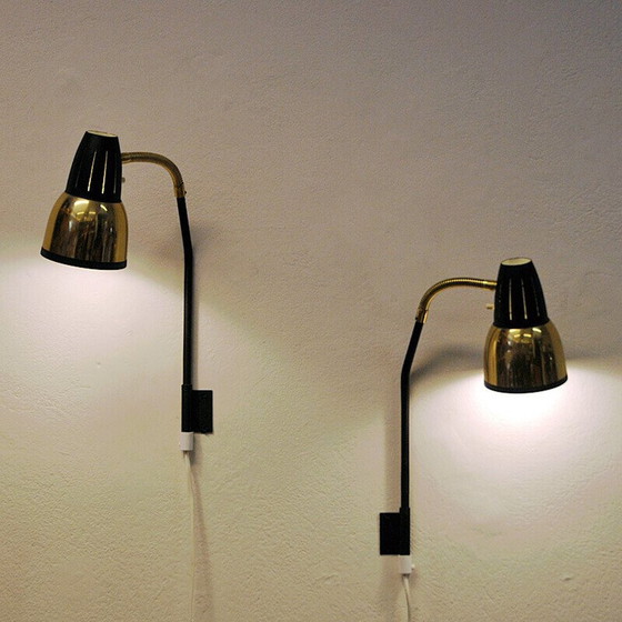 Image 1 of Pair of vintage brass and black metal wall lamp for Ra-Gla Belysning, Norway 1960