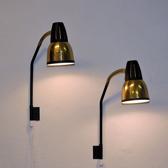 Image 1 of Pair of vintage brass and black metal wall lamp for Ra-Gla Belysning, Norway 1960