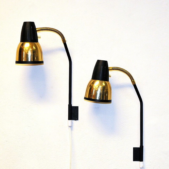 Image 1 of Pair of vintage brass and black metal wall lamp for Ra-Gla Belysning, Norway 1960