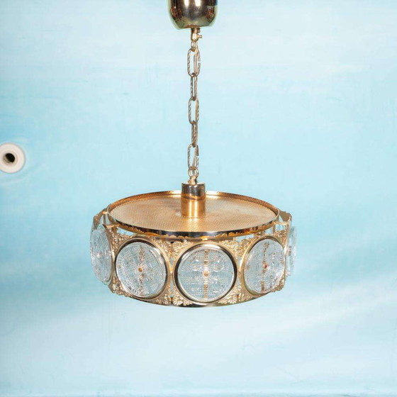 Image 1 of Lampe suspendue vintage en verre Suède années 60, suspension en laiton et verre