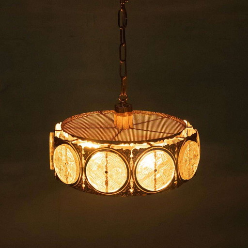 Vintage glass pendant lamp Sweden 60s, brass & glass pendant