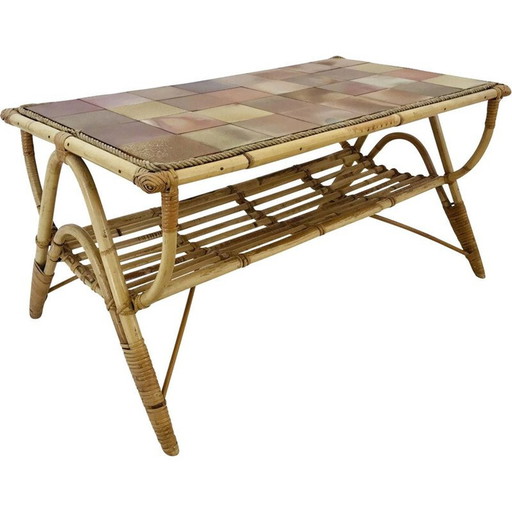 Vintage coffee table in rattan and ceramic tiles, France 1960