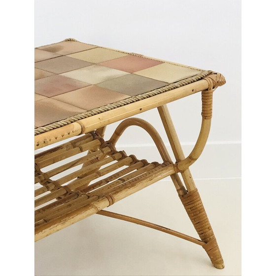 Image 1 of Vintage coffee table in rattan and ceramic tiles, France 1960