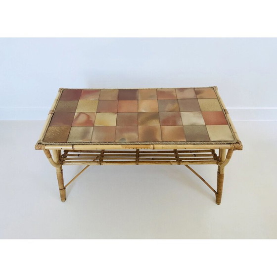 Image 1 of Vintage coffee table in rattan and ceramic tiles, France 1960