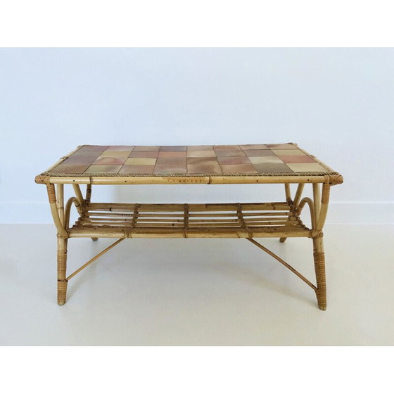 Image 1 of Vintage coffee table in rattan and ceramic tiles, France 1960