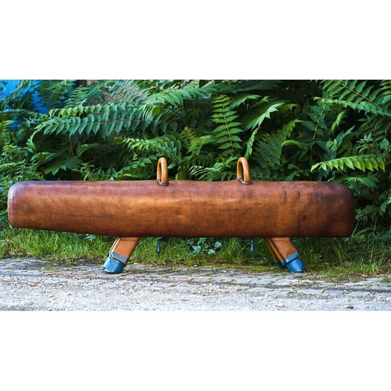 Image 1 of Vintage gymnastic leather pommel horse bench with wooden handles, 1920s