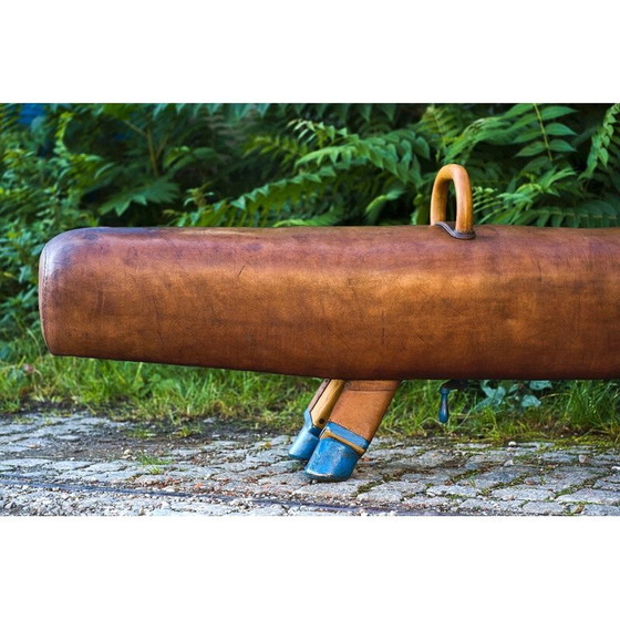 Image 1 of Vintage gymnastic leather pommel horse bench with wooden handles, 1920s