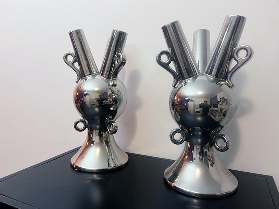 Image 1 of Large Vintage Vases - Chrome Ceramic - Xxl - 1990