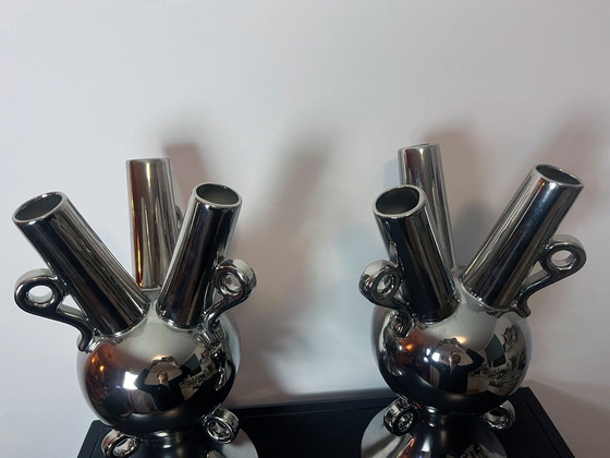 Image 1 of Large Vintage Vases - Chrome Ceramic - Xxl - 1990