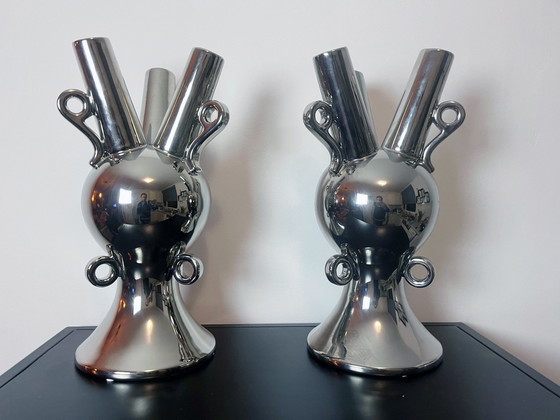 Image 1 of Large Vintage Vases - Chrome Ceramic - Xxl - 1990