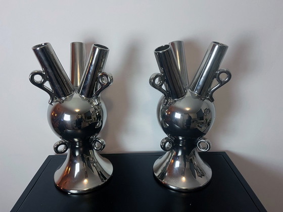Image 1 of Large Vintage Vases - Chrome Ceramic - Xxl - 1990