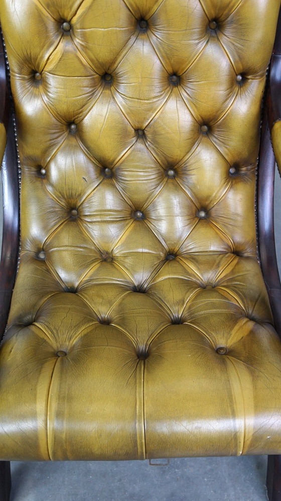 Image 1 of Beef leather chesterfield armchair combined with wood