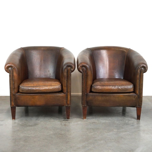 2 x Grand fauteuil club en cuir de mouton foncé