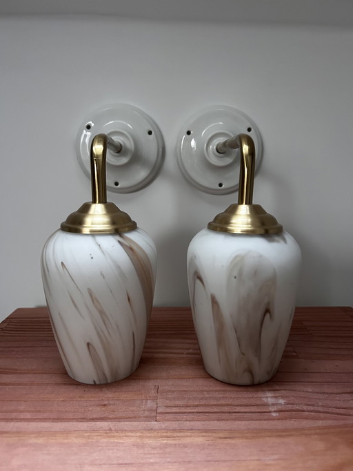 Pair Of White Marbled Wall Lamps