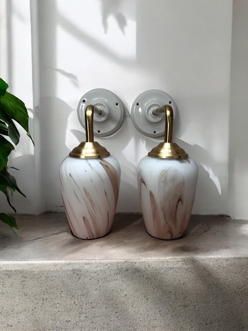 Pair Of White Marbled Wall Lamps