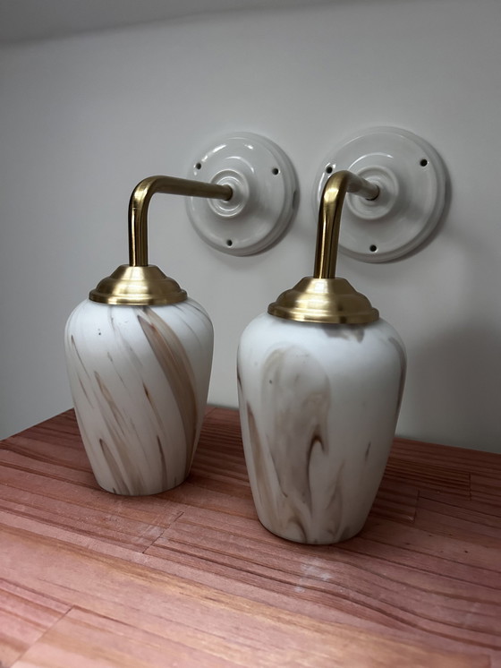 Image 1 of Pair Of White Marbled Wall Lamps