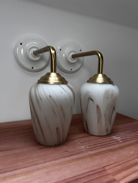 Image 1 of Pair Of White Marbled Wall Lamps