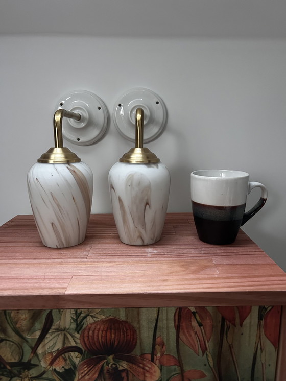 Image 1 of Pair Of White Marbled Wall Lamps