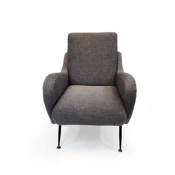 Image 1 of Vintage armchair with brass feet and grey fabric upholstery, 1950s