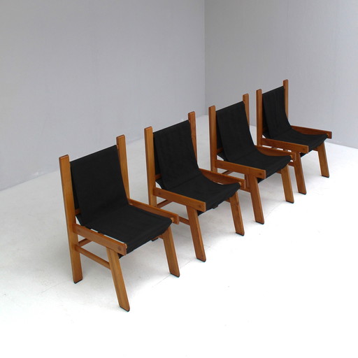 Set of Italian wooden chairs with black fabric