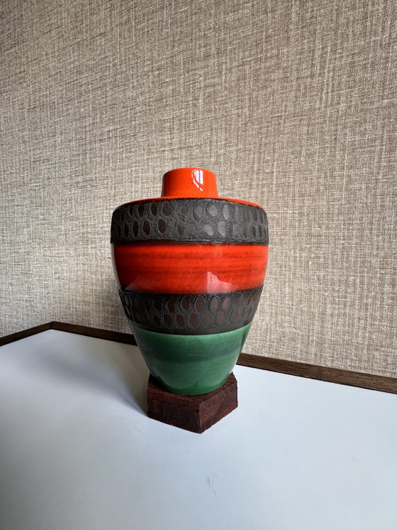 Image 1 of Dumler & Breiden Vase à fatlava Mid Century | Allemagne de l'Ouest 1960 | Bleu vert, gris et orange