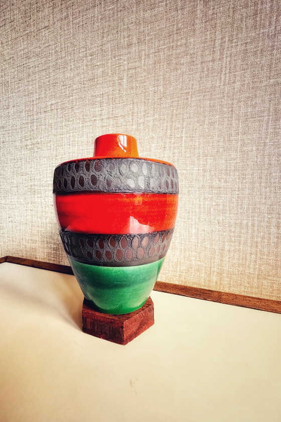 Image 1 of Dumler & Breiden Vase à fatlava Mid Century | Allemagne de l'Ouest 1960 | Bleu vert, gris et orange