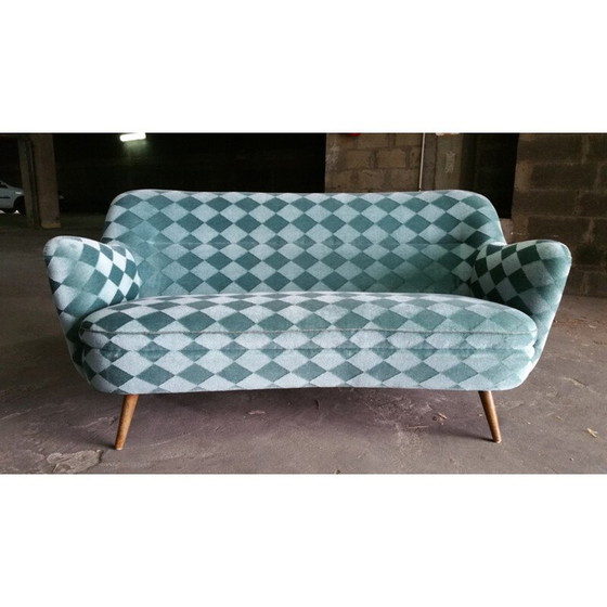 Image 1 of Blue turquoise sofa with diamond patterns - 1950s 