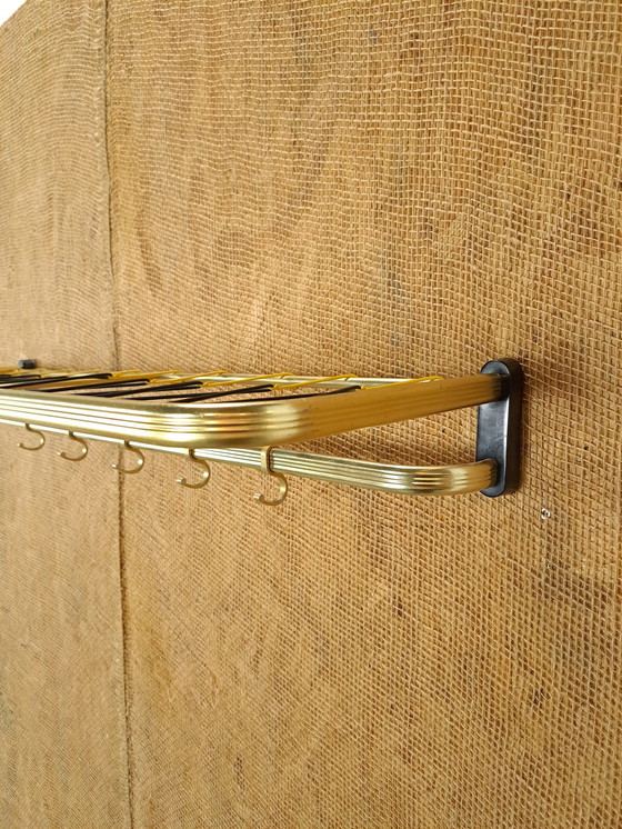 Image 1 of Train Coat Rack Gold Color With Hooks And Shelf, No. 5, Wall Coat Rack