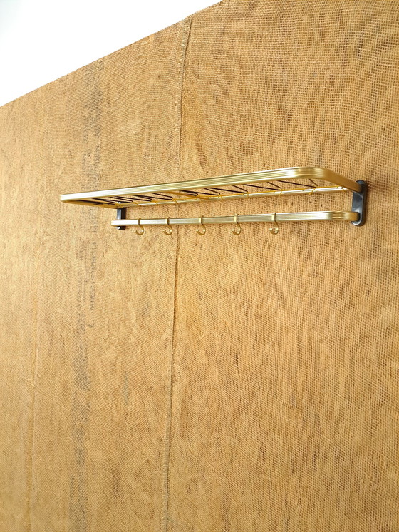 Image 1 of Train Coat Rack Gold Color With Hooks And Shelf, No. 5, Wall Coat Rack