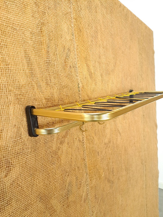 Image 1 of Train Coat Rack Gold Color With Hooks And Shelf, No. 5, Wall Coat Rack