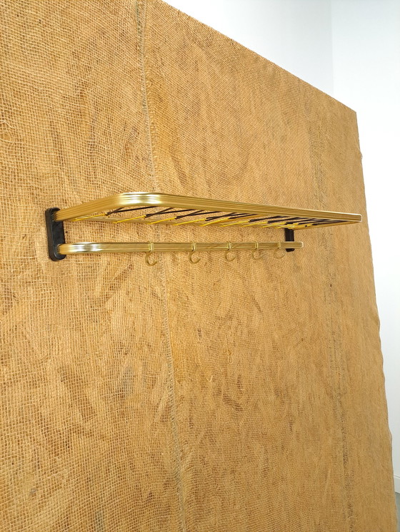 Image 1 of Train Coat Rack Gold Color With Hooks And Shelf, No. 5, Wall Coat Rack