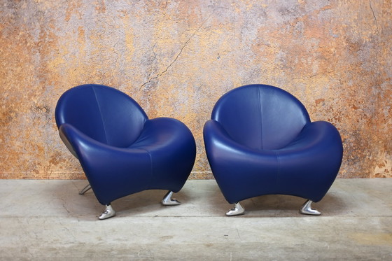 Image 1 of Blue Leather Leolux Papageno Design Armchair (2 Available)