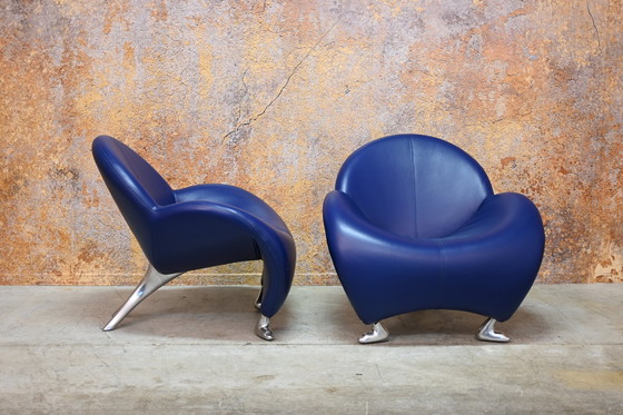 Image 1 of Blue Leather Leolux Papageno Design Armchair (2 Available)