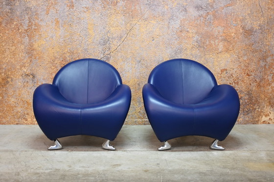 Image 1 of Blue Leather Leolux Papageno Design Armchair (2 Available)