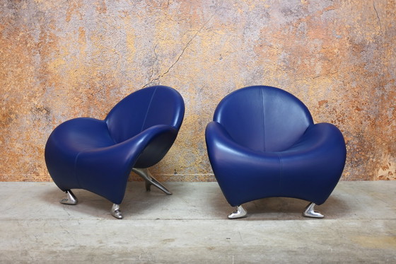 Image 1 of Blue Leather Leolux Papageno Design Armchair (2 Available)