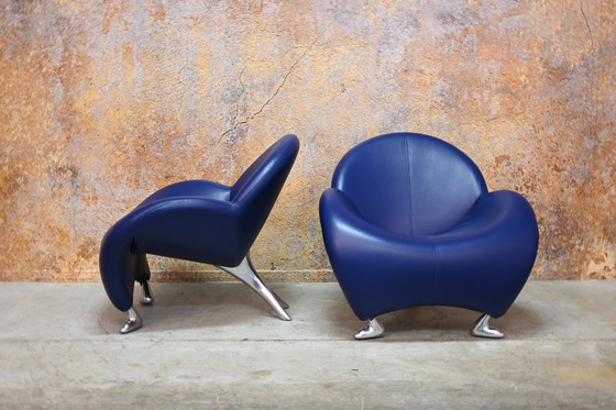 Image 1 of Blue Leather Leolux Papageno Design Armchair (2 Available)