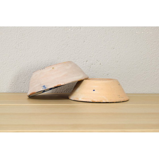 Image 1 of Pair of decorative vintage bowls in blue and white glazed terracotta