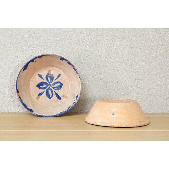 Image 1 of Pair of decorative vintage bowls in blue and white glazed terracotta