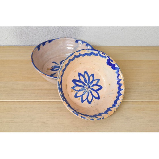 Image 1 of Pair of decorative vintage bowls in blue and white glazed terracotta