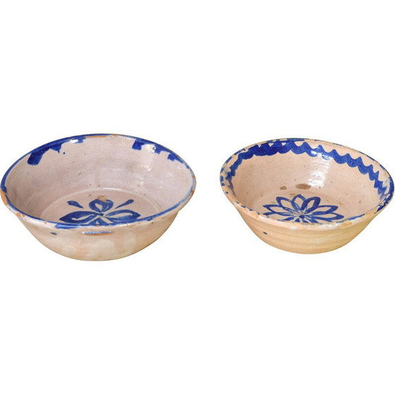 Image 1 of Pair of decorative vintage bowls in blue and white glazed terracotta