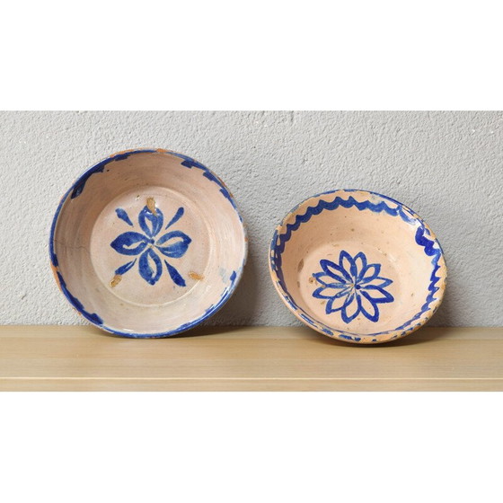 Image 1 of Pair of decorative vintage bowls in blue and white glazed terracotta
