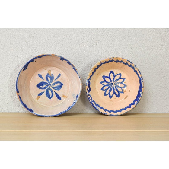 Image 1 of Pair of decorative vintage bowls in blue and white glazed terracotta