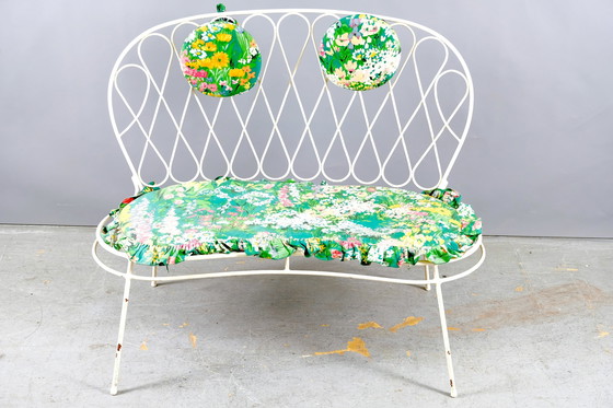 Image 1 of White mid-century flower power iron garden bench, 1960s