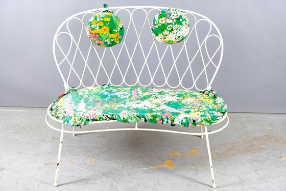 Image 1 of White mid-century flower power iron garden bench, 1960s