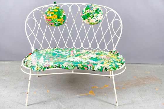 Image 1 of White mid-century flower power iron garden bench, 1960s