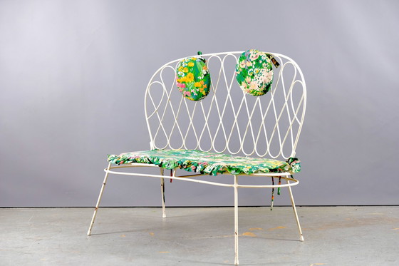 Image 1 of White mid-century flower power iron garden bench, 1960s