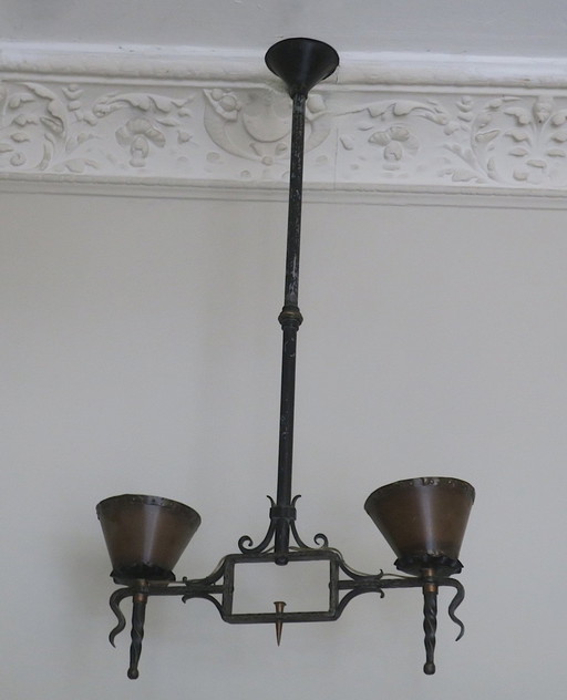 Brutalist Wrought Iron And Copper 2-Arm Chandelier, 1960S